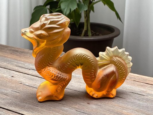 Chinese Dragon Sculpture in Amber and Frosted Glass by René