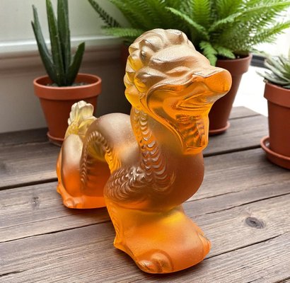 Chinese Dragon Sculpture in Amber and Frosted Glass by René