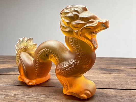 Chinese Dragon Sculpture in Amber and Frosted Glass by René