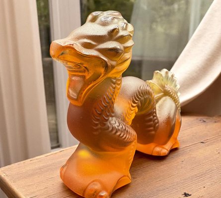 Chinese Dragon Sculpture in Amber and Frosted Glass by René