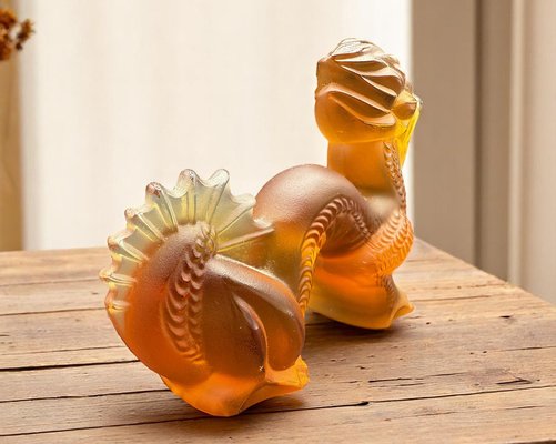 Chinese Dragon Sculpture in Amber and Frosted Glass by René