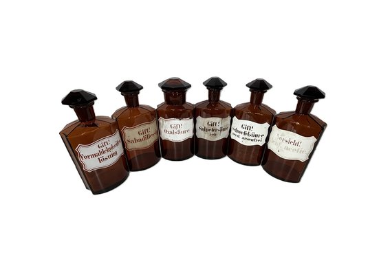 Vintage Brown Glass Bottles, 1920s, Set of 6 for sale at Pamono