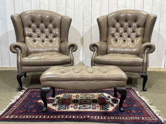 High-Backed Chesterfield Armchairs with Leather Ottoman, 1980s 