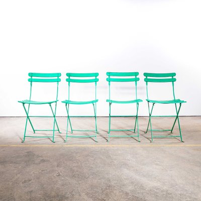 French Slatted Pea Green Outdoor Folding Chairs, 1950s, Set of