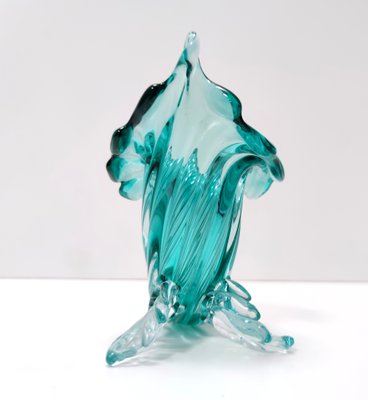 Vintage Teal Murano Glass Cornucopia Vase by Archimede Seguso