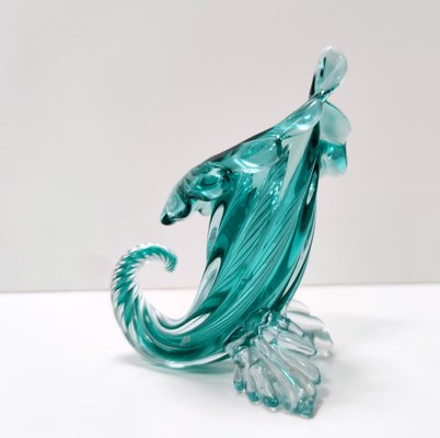Vintage Teal Murano Glass Cornucopia Vase by Archimede Seguso