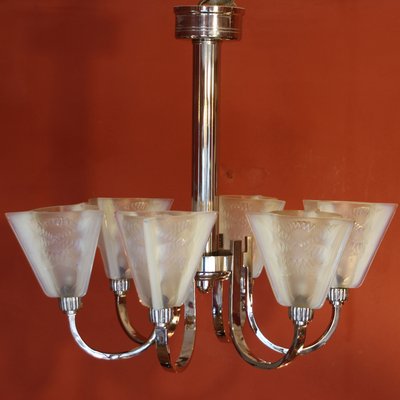 Art Deco Deckenlampe mit 6 Armen und Opalglas Schirmen von Petitot ... Art Deco Deckenlampe mit 6 Armen und Opalglas Schirmen von Petitot ...