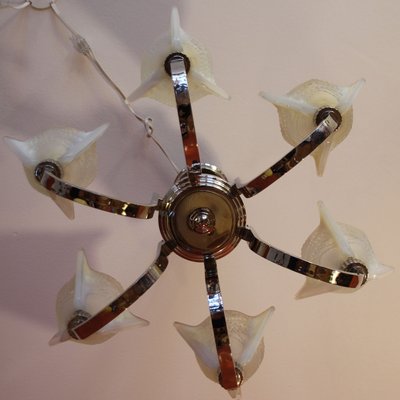 Art Deco Ceiling Light With 6 Arms And Opaline Glass Tulip Shades From Petitot