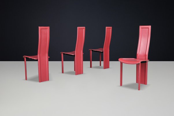 Red Leather Alice High Back Dining Chairs attributed to Giorgio