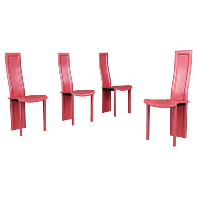 Red Leather Alice High Back Dining Chairs attributed to Giorgio