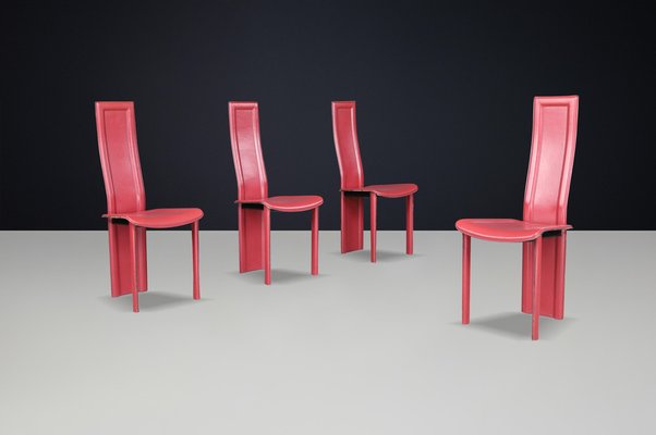 Red Leather Alice High Back Dining Chairs attributed to Giorgio