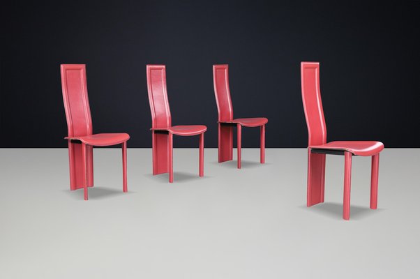 Red Leather Alice High Back Dining Chairs attributed to Giorgio