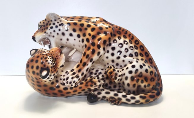 Vintage Hand-Painted Ceramic Fighting Jaguars attributed to