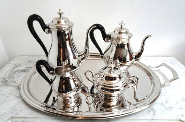 Antikes versilbertes Kaffeeservice mit Tablett von Otto Wiskemann, 1940er, 5er Set bei Pamono kaufen