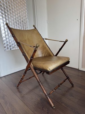 Vintage Faux Bamboo, Leather Campaign Folding Chair attributed to Maison  Jansen, 1950s - Main Image