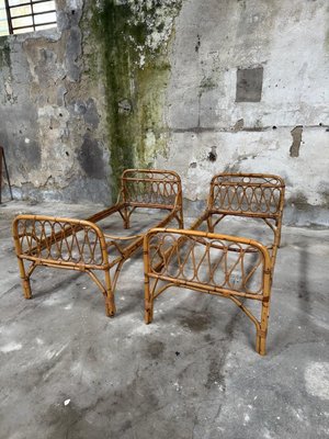 Mid-Century Modern Italian Rattan and Bamboo Daybed with Wooden Slatted Bed  Nets, 1960s, Set of 2