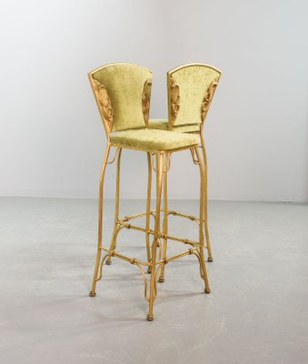 Sgabelli da bar Cobra dorati con rivestimento in velluto verde