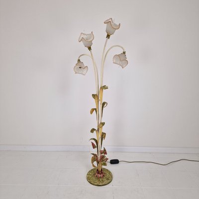 フロアスタンド BIG lamp shade Antique Flower leaf Italian Floor Lamp with Metal Stems, Leaf Details and Murano Glass