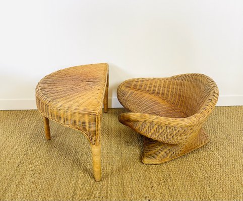 Vintage Sculptural Lotus Meditation Chair and Half-Moon Table in Rattan,  1970s, Set of