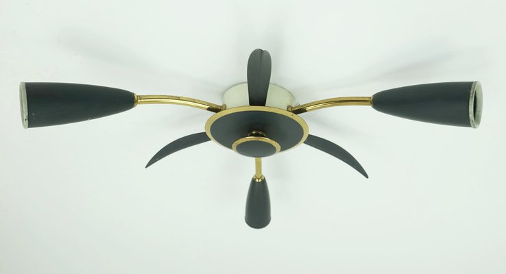 Mid-Century Modern Sputnik Three-Light Ceiling Fixture in Brass and Dark  Grey Metal, 1950s