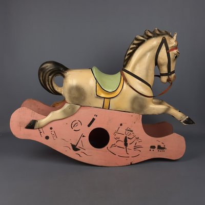 Cavallo a dondolo vintage in legno e cartapesta, anni '30 in