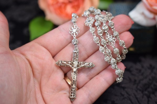 Silver Filigree Crucifix Rosary Necklace, 1920s