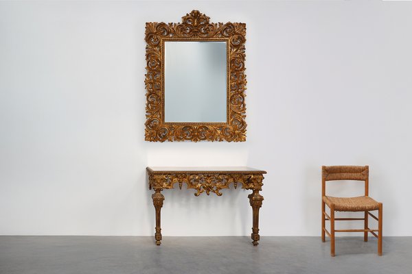 Specchio da parete legno foglia oro anni '50 Vintage 145x10x180