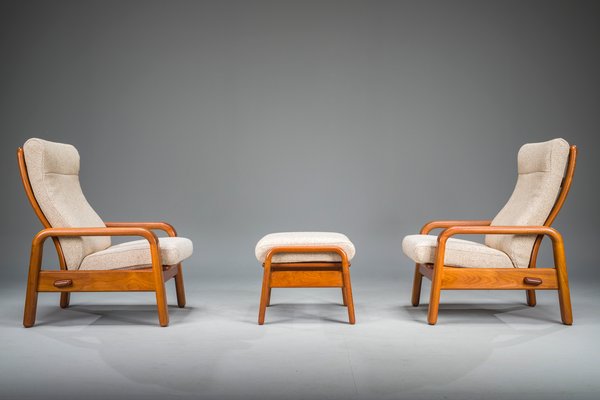 Mid-Century Modern Danish Chairs and Ottoman in Teak from HS