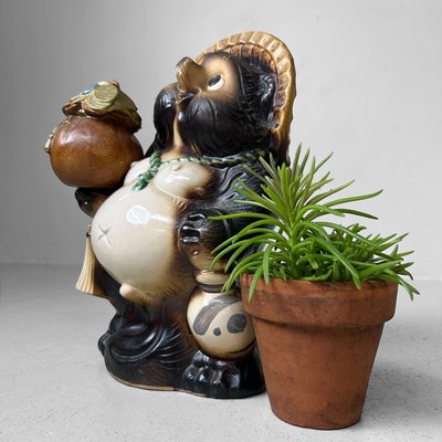 Vintage Tanuki Statue Japanese Lucky Charm with Money Pouch, 1980