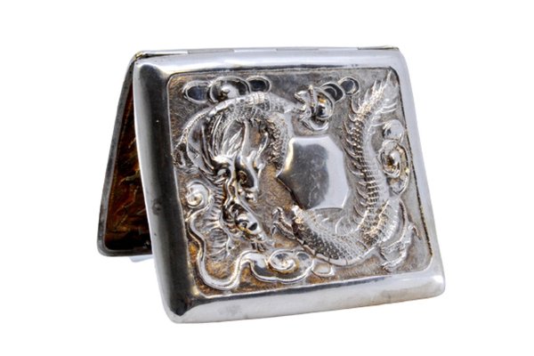 Silver Cigarette Case with Palm Trees Relief, Mythical Figures and Golden  Interior for sale at Pamono