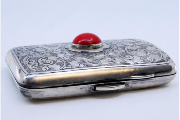 curved cigarette case Curved Silver Cigarette Case with Plant Engravings, Red Cabochon and Hinged  Lid