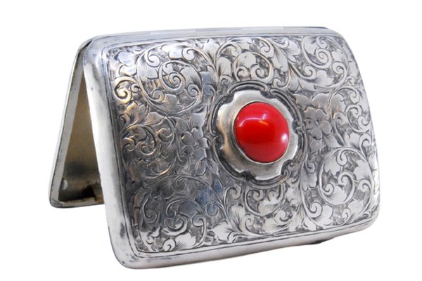 curved cigarette case Curved Silver Cigarette Case with Plant Engravings, Red Cabochon and Hinged  Lid
