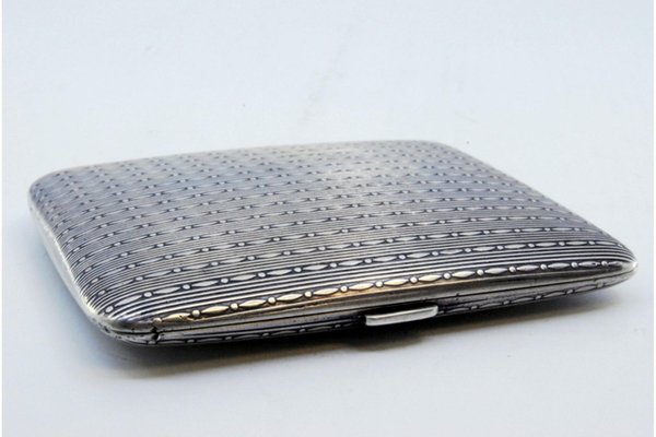 square cigarette case Silver Cigarette Case with Square-Shaped Chiseled Reliefs and Hinged Lid
