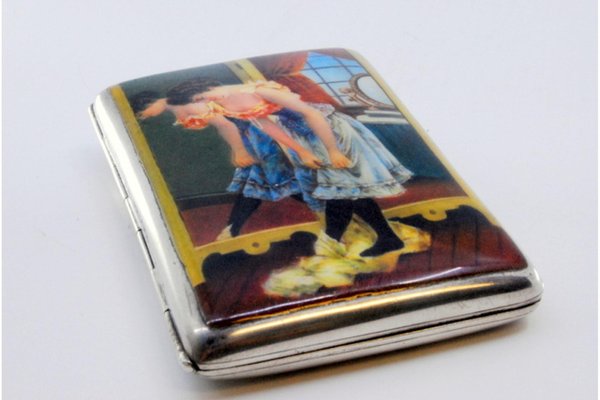 enamelled cigarette case Hand Painted Enamel Case, Art Deco Snake Wallet - Personalized Option 1920s Blue & White Enamel