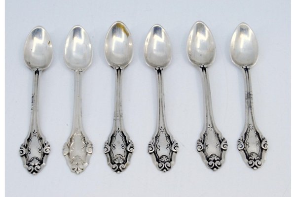 Silver Coffee Spoons with Embossed Applications and Handles, Set 