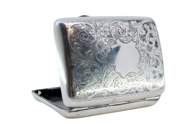 sterling silver cigarette case sale Art Deco A fabulous Art Deco sterling cigarette case case decorated with engine turned lines and center plaque for engraving Antique Sterling Silver Cigarette Case