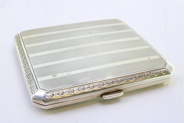 silver cigarette box with hinged lid Guilloche Silver Cigarette Case with Beveled Corners, Golden Top Interior  Bands and Hinged Lid