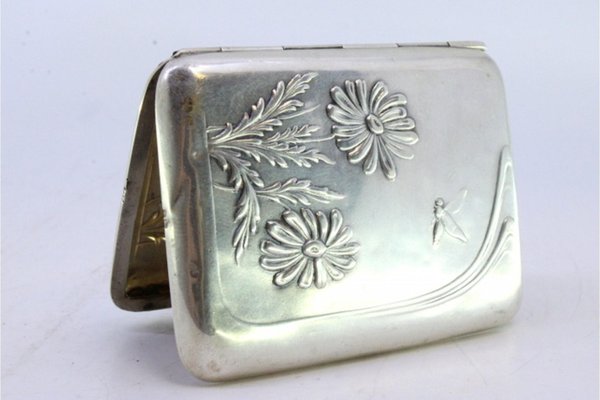 Art Nouveau Silver Cigarette Case with Embossed Floral Motifs and Gold  Interior