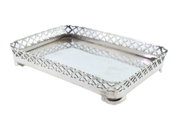 Silbernes Tablett mit Drahtgestell und Füßen bei Pamono kaufen