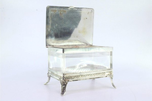 Silver and Glass Cigarette Box with Engraved Lid