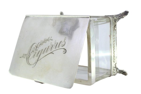 glass cigarette box Silver and Glass Cigarette Box with Engraved Lid