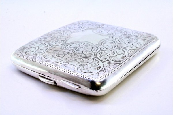 Silver Cigarette Case with Engraved Plant Motifs and Curved Monogram Card