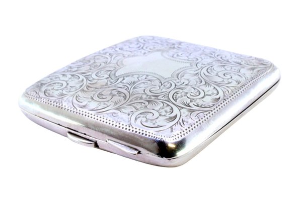 silver cigarette case engraved Silver Cigarette Case with Engraved Plant Motifs and Curved Monogram Card