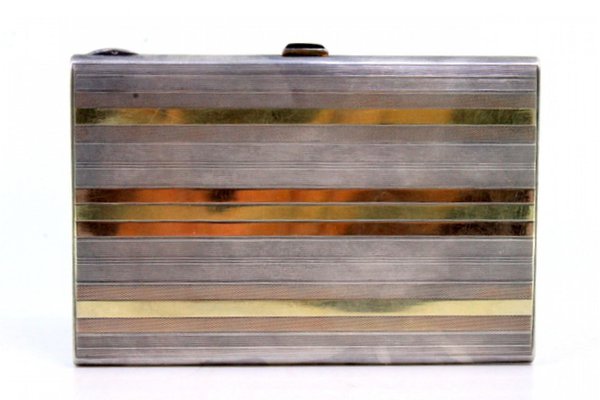 Three-Tone Silver and Gold Cigarette Case with Gold Interior and Cut-Out Cigarette  Holder for sale at Pamono