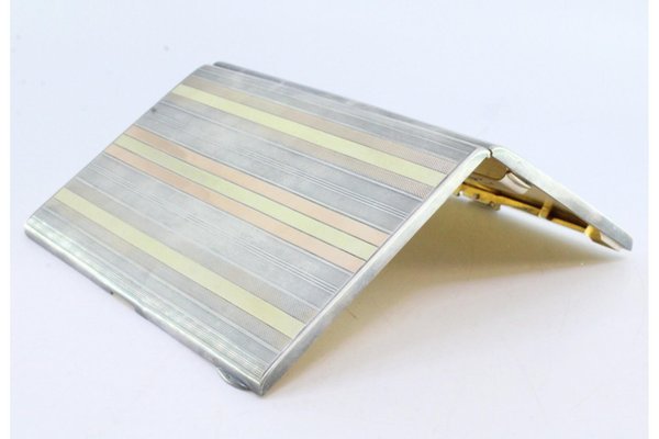 Three-Tone Silver and Gold Cigarette Case with Gold Interior and Cut-Out Cigarette  Holder for sale at Pamono
