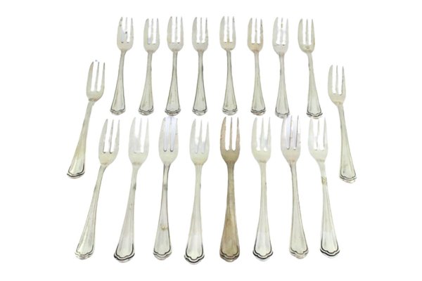 Silver Three-Pronged Cake Forks with Crimped Reliefs, Set of for