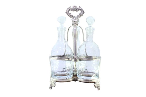 Silberne Likörflasche mit Holzsockel und säuregeätzten Likörflaschen aus Glas, 3er Set bei Pamono kaufen
