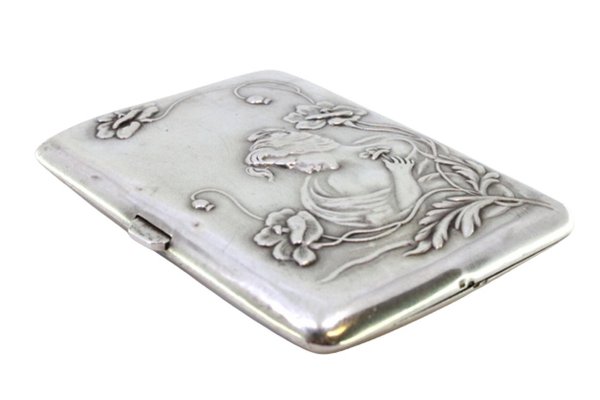 white gold cigarette case Art Nouveau Silver Relief Cigarette Case with Young Lady and Gold Interior