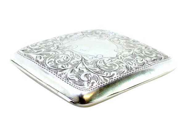 curved cigarette case Curved Silver Cigarette Case with Plant Motifs for sale at Pamono