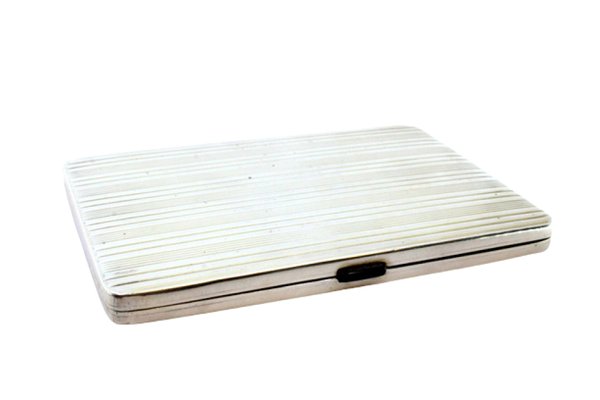 top cigarette case Silver Cigarette Case with Fluted Top Trim, Gilt Interior and Cigarette  Holder with Tilting Spring